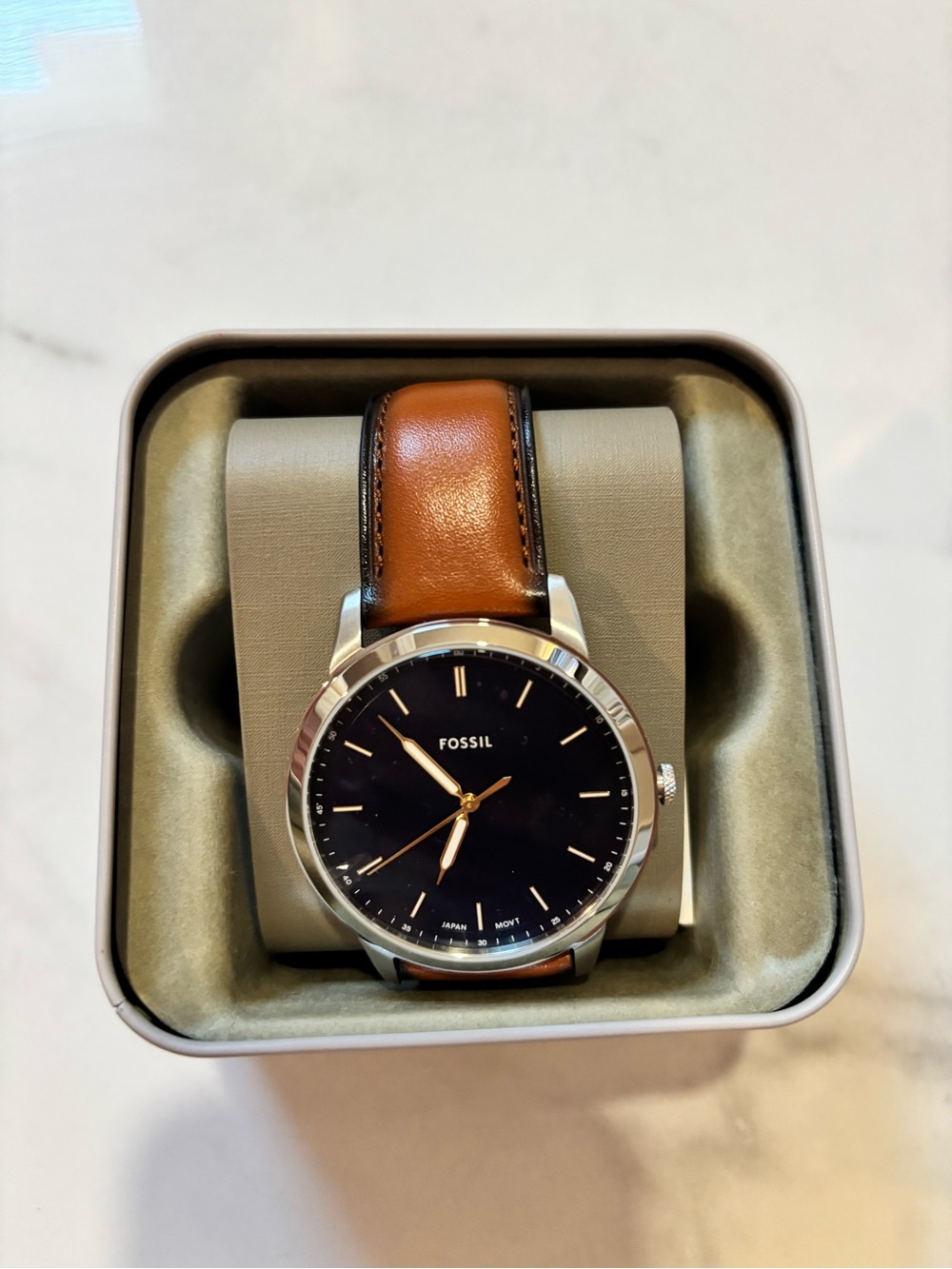 Fossil Men's Tan Leather Strap Watch with Black Dial and Silver Case